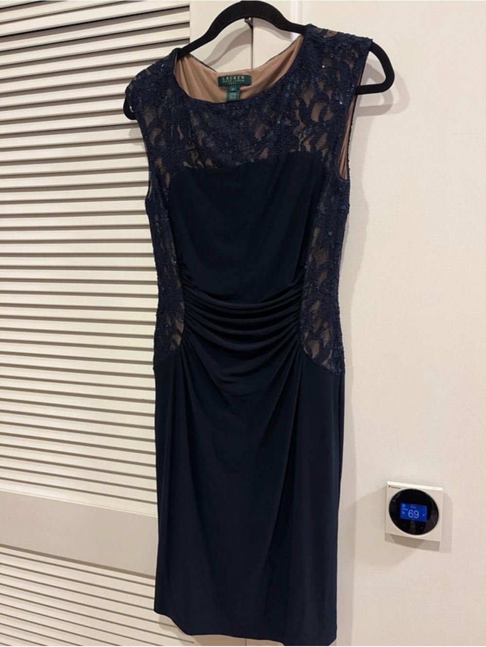 Lauren Ralph Lauren Navy Lace-Panel Sheath Dress with Nude Lining